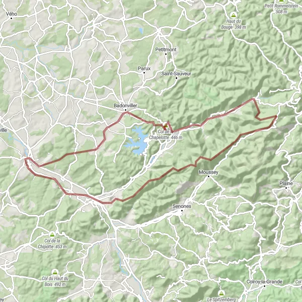 Map miniature of "Baccarat and the Vosges Gravel Adventure" cycling inspiration in Lorraine, France. Generated by Tarmacs.app cycling route planner