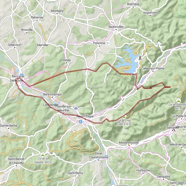 Map miniature of "Baccarat and Col de Croix Collé Gravel Route" cycling inspiration in Lorraine, France. Generated by Tarmacs.app cycling route planner