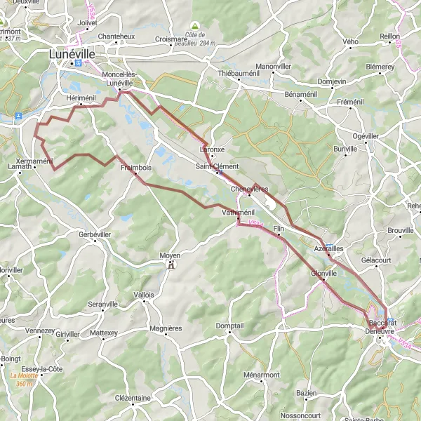 Map miniature of "Hidden Gems Gravel Tour" cycling inspiration in Lorraine, France. Generated by Tarmacs.app cycling route planner