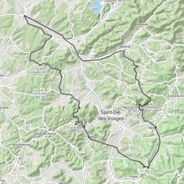 Map miniature of "The Vosgian Mountain Road Loop" cycling inspiration in Lorraine, France. Generated by Tarmacs.app cycling route planner