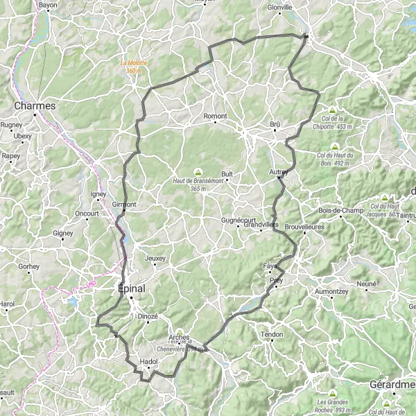 Miniature de la carte de l'inspiration cycliste "Épopée à vélo dans la région de Baccarat" dans la Lorraine, France. Générée par le planificateur d'itinéraire cycliste Tarmacs.app