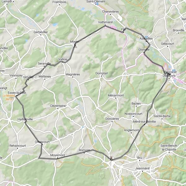 Map miniature of "Countryside Road Loop" cycling inspiration in Lorraine, France. Generated by Tarmacs.app cycling route planner