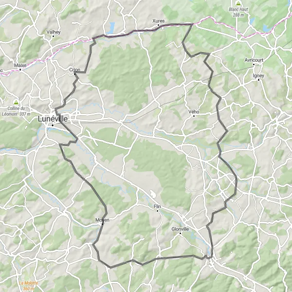 Miniature de la carte de l'inspiration cycliste "Les Charmes de la Campagne Lorraine" dans la Lorraine, France. Générée par le planificateur d'itinéraire cycliste Tarmacs.app