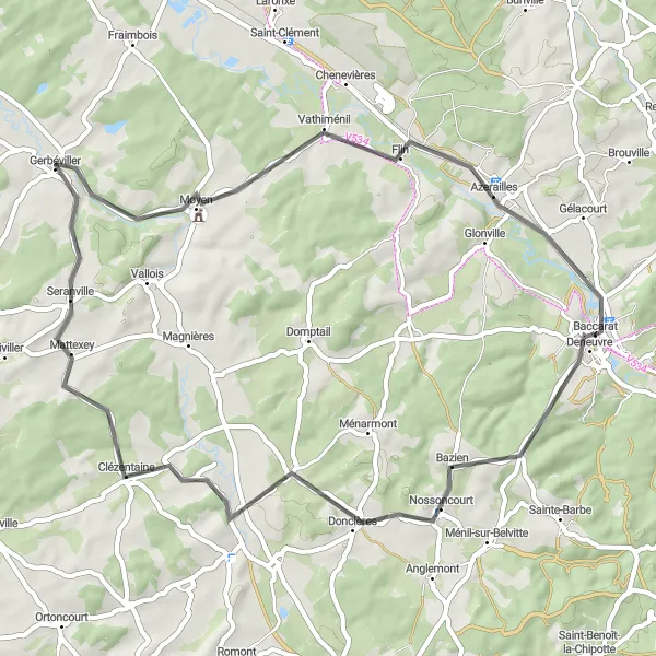 Map miniature of "Bazien Circuit - Road Cycling Adventure" cycling inspiration in Lorraine, France. Generated by Tarmacs.app cycling route planner