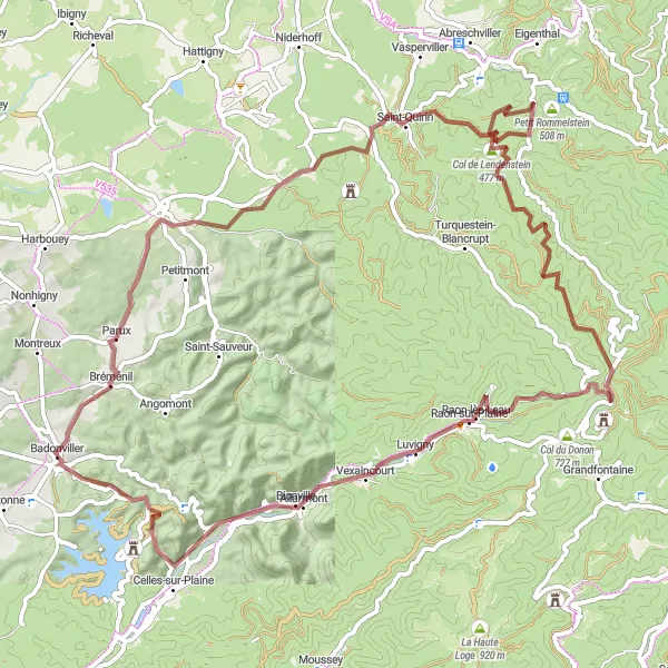 Miniature de la carte de l'inspiration cycliste "Boucle des Collines de Lorraine" dans la Lorraine, France. Générée par le planificateur d'itinéraire cycliste Tarmacs.app