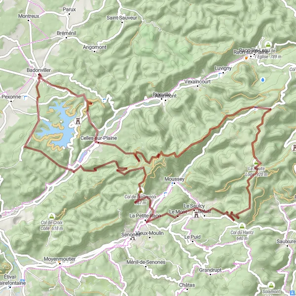 Miniature de la carte de l'inspiration cycliste "Boucle des Forêts Mystérieuses" dans la Lorraine, France. Générée par le planificateur d'itinéraire cycliste Tarmacs.app