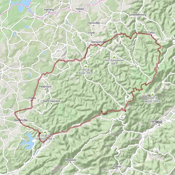 Miniature de la carte de l'inspiration cycliste "Défi des Montagnes Lorraines" dans la Lorraine, France. Générée par le planificateur d'itinéraire cycliste Tarmacs.app