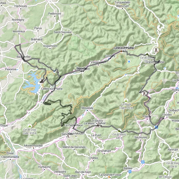 Miniature de la carte de l'inspiration cycliste "Tour des Vosges Centrales" dans la Lorraine, France. Générée par le planificateur d'itinéraire cycliste Tarmacs.app