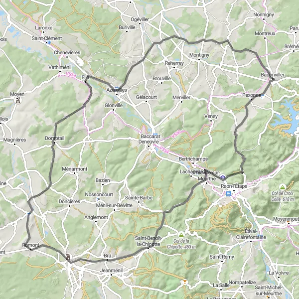 Miniature de la carte de l'inspiration cycliste "Circuit de la Vallée Vosgienne" dans la Lorraine, France. Générée par le planificateur d'itinéraire cycliste Tarmacs.app