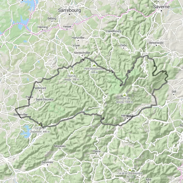 Map miniature of "Badonviller to Col du Donon Loop" cycling inspiration in Lorraine, France. Generated by Tarmacs.app cycling route planner