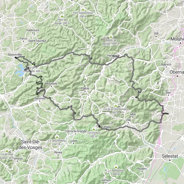 Miniature de la carte de l'inspiration cycliste "Route des Hautes Vosges" dans la Lorraine, France. Générée par le planificateur d'itinéraire cycliste Tarmacs.app