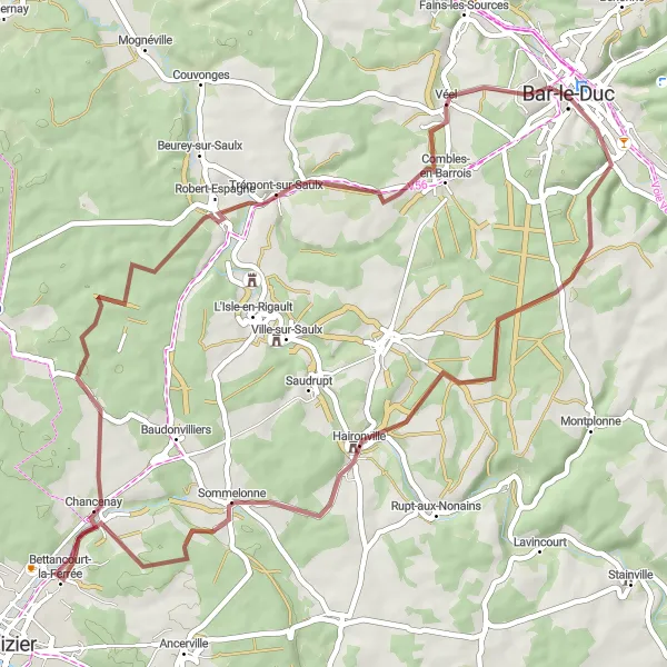 Map miniature of "Bar-le-Duc to Belvédère des Grangettes" cycling inspiration in Lorraine, France. Generated by Tarmacs.app cycling route planner