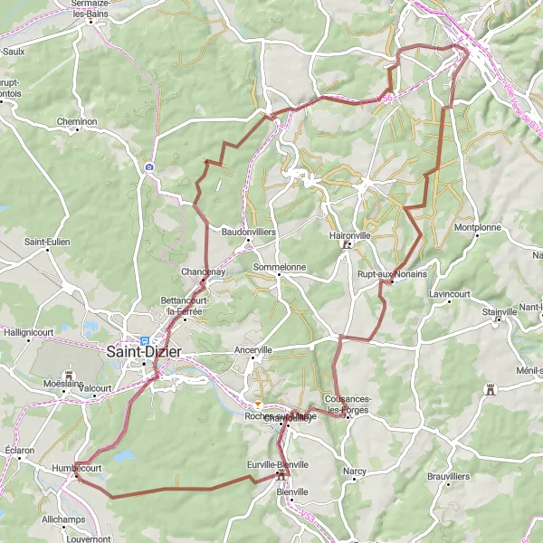 Miniature de la carte de l'inspiration cycliste "Tour des Gravelles" dans la Lorraine, France. Générée par le planificateur d'itinéraire cycliste Tarmacs.app