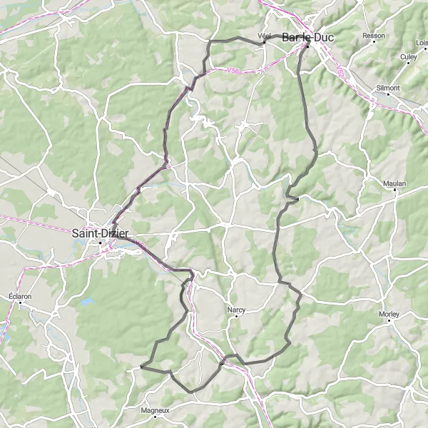 Map miniature of "Bar-le-Duc to Belvédère des Grangettes" cycling inspiration in Lorraine, France. Generated by Tarmacs.app cycling route planner