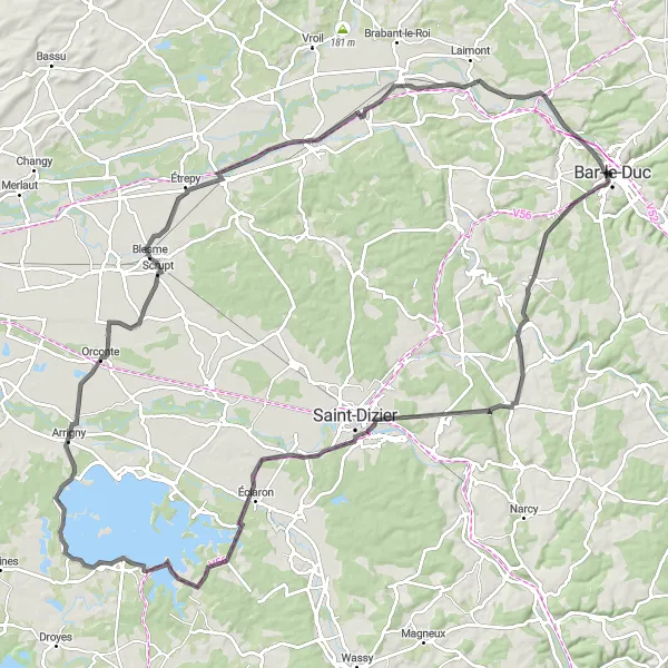 Miniature de la carte de l'inspiration cycliste "Balade panoramique autour de Bar-le-Duc" dans la Lorraine, France. Générée par le planificateur d'itinéraire cycliste Tarmacs.app