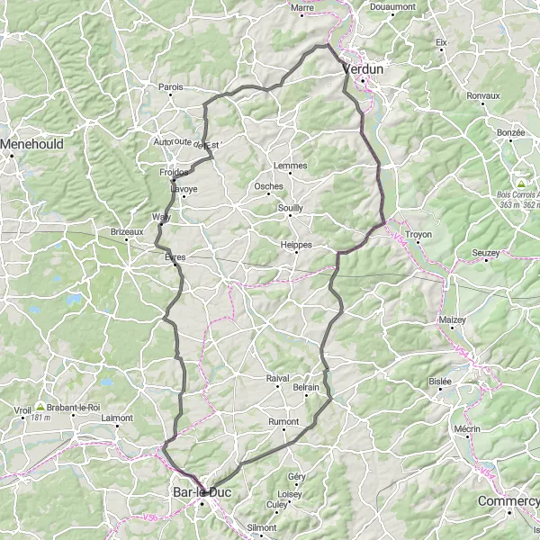 Miniature de la carte de l'inspiration cycliste "Parcours à travers la Meuse" dans la Lorraine, France. Générée par le planificateur d'itinéraire cycliste Tarmacs.app