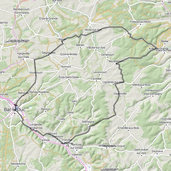 Map miniature of "The Serpentine Path" cycling inspiration in Lorraine, France. Generated by Tarmacs.app cycling route planner