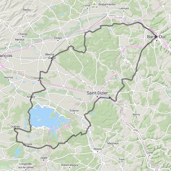 Miniature de la carte de l'inspiration cycliste "Tour des Grangettes" dans la Lorraine, France. Générée par le planificateur d'itinéraire cycliste Tarmacs.app