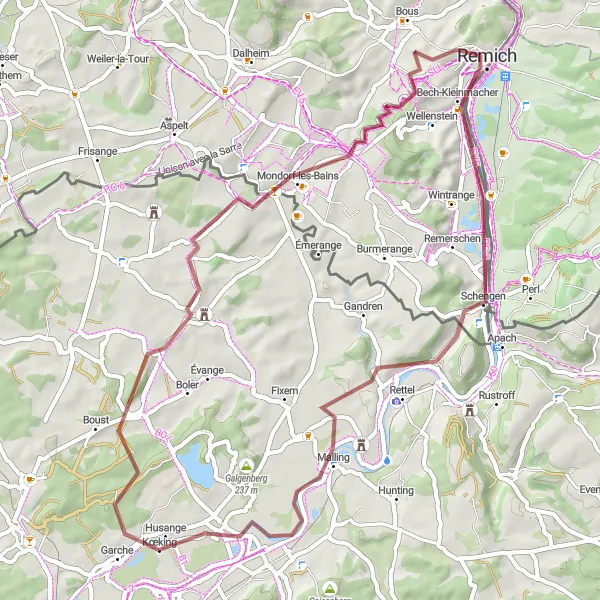 Miniature de la carte de l'inspiration cycliste "Parcours à vélo gravel autour de Basse-Ham: Aventure et nature" dans la Lorraine, France. Générée par le planificateur d'itinéraire cycliste Tarmacs.app