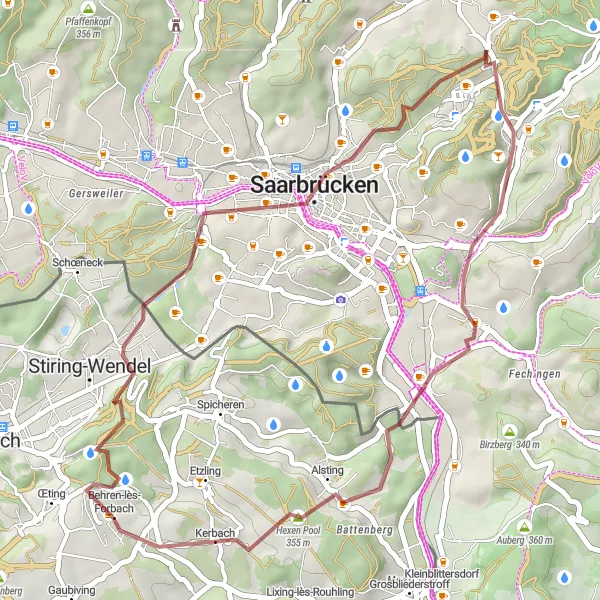 Map miniature of "Scenic Gravel Route near Stiring-Wendel" cycling inspiration in Lorraine, France. Generated by Tarmacs.app cycling route planner