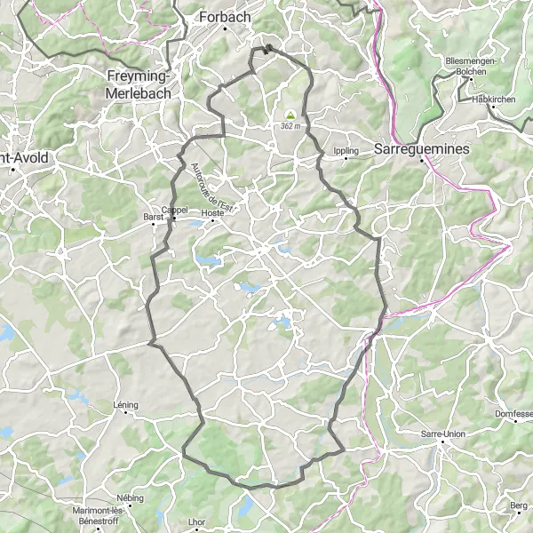 Miniature de la carte de l'inspiration cycliste "Parcours routier de Hambach à Hellimer" dans la Lorraine, France. Générée par le planificateur d'itinéraire cycliste Tarmacs.app