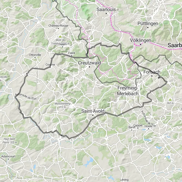 Map miniature of "The Forgotten Roads" cycling inspiration in Lorraine, France. Generated by Tarmacs.app cycling route planner