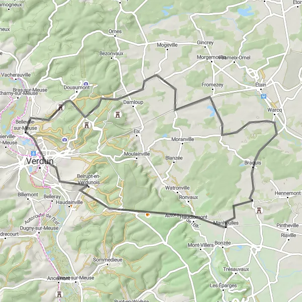 Map miniature of "WWI Battlefields and Historic Villages" cycling inspiration in Lorraine, France. Generated by Tarmacs.app cycling route planner