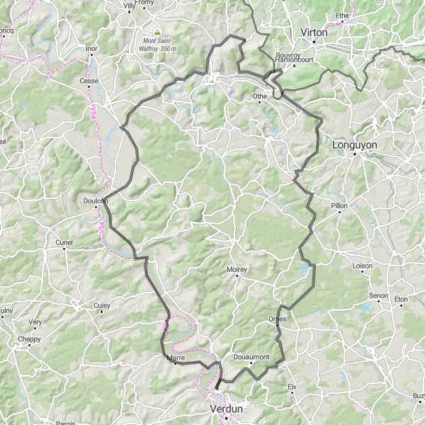 Map miniature of "Meuse Valleys and Historical Forts" cycling inspiration in Lorraine, France. Generated by Tarmacs.app cycling route planner