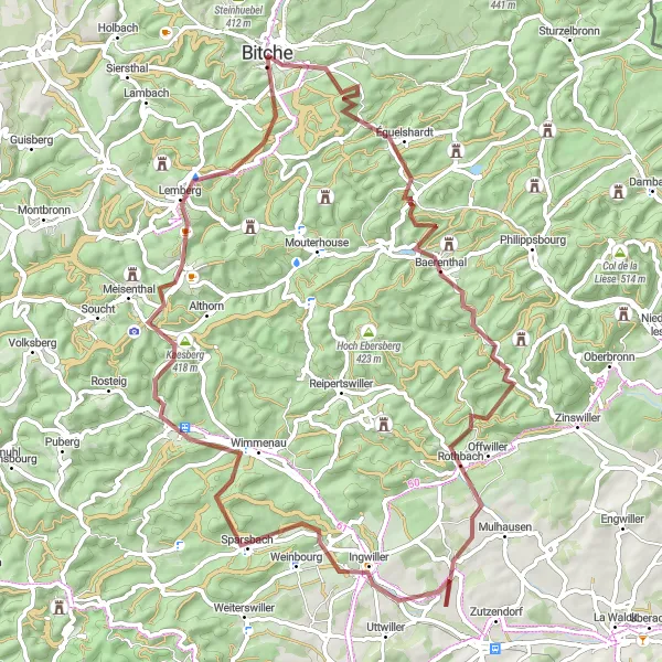 Miniature de la carte de l'inspiration cycliste "Les Chemins de Terre de la Lorraine" dans la Lorraine, France. Générée par le planificateur d'itinéraire cycliste Tarmacs.app