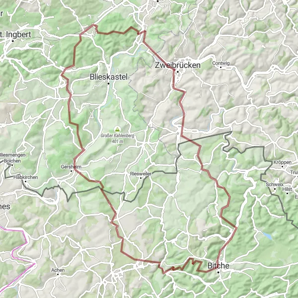 Map miniature of "Bitche Gravel Epic" cycling inspiration in Lorraine, France. Generated by Tarmacs.app cycling route planner