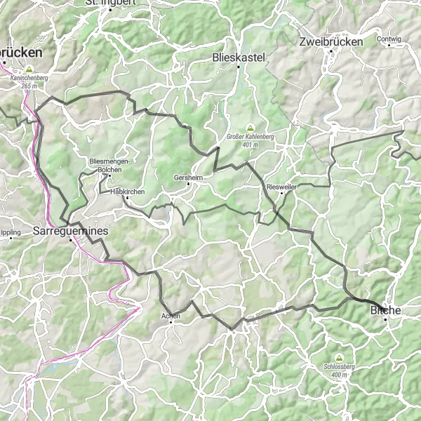 Map miniature of "Bitche - Bübingen Loop" cycling inspiration in Lorraine, France. Generated by Tarmacs.app cycling route planner