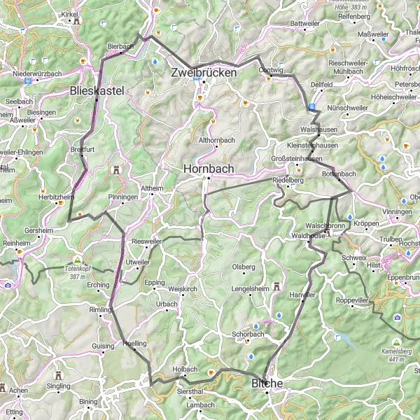 Miniature de la carte de l'inspiration cycliste "La grande escapade de Bitche - Hanviller via Zweibrücken" dans la Lorraine, France. Générée par le planificateur d'itinéraire cycliste Tarmacs.app