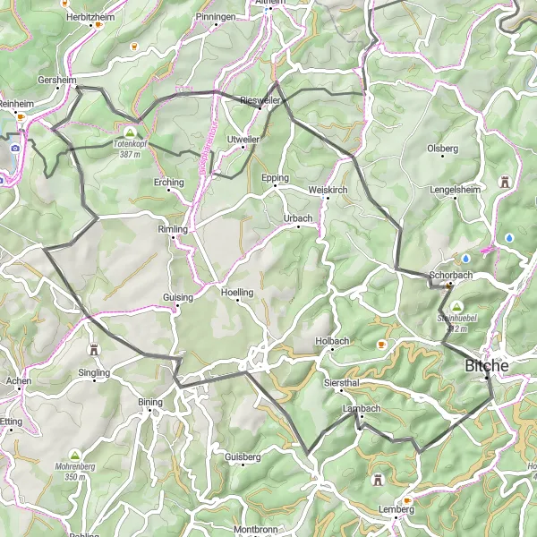 Map miniature of "The Bitche Grind" cycling inspiration in Lorraine, France. Generated by Tarmacs.app cycling route planner