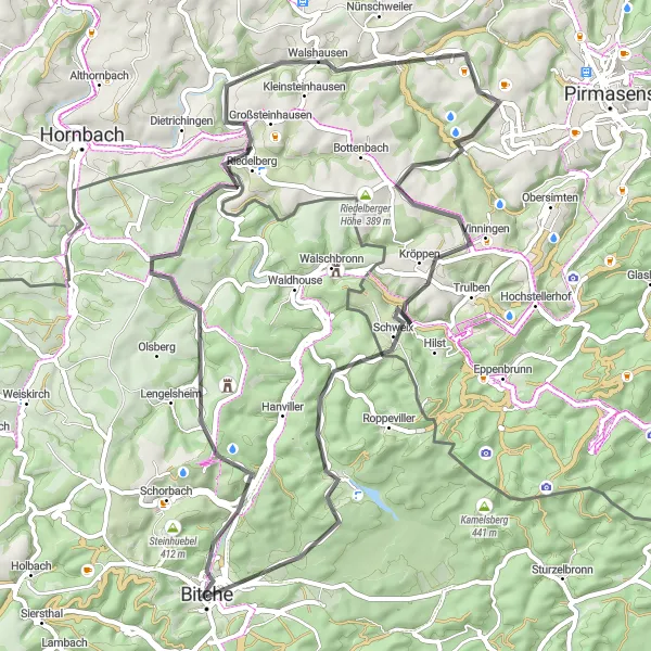 Map miniature of "Bitche Hill Climbing Challenge" cycling inspiration in Lorraine, France. Generated by Tarmacs.app cycling route planner