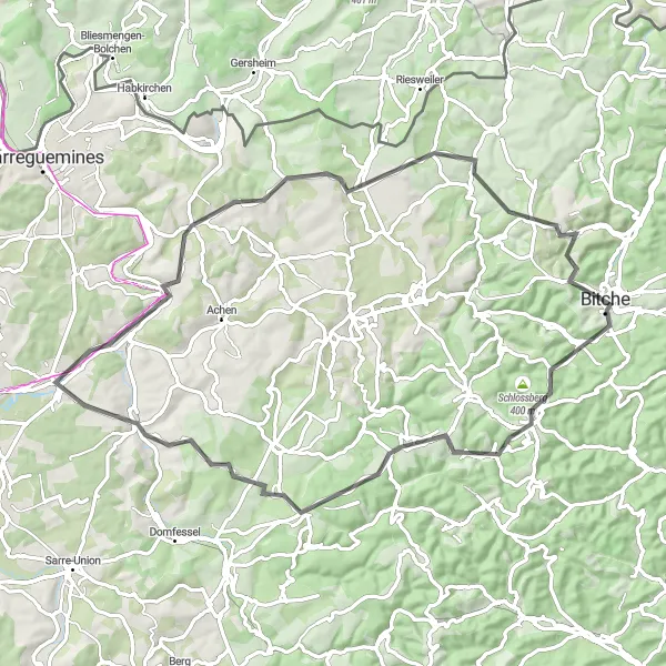 Miniature de la carte de l'inspiration cycliste "Les Montagnes de Bitche" dans la Lorraine, France. Générée par le planificateur d'itinéraire cycliste Tarmacs.app