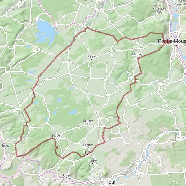 Miniature de la carte de l'inspiration cycliste "Parcours Gravel de Domèvre-en-Haye à MAIDIERES - Boozville" dans la Lorraine, France. Générée par le planificateur d'itinéraire cycliste Tarmacs.app