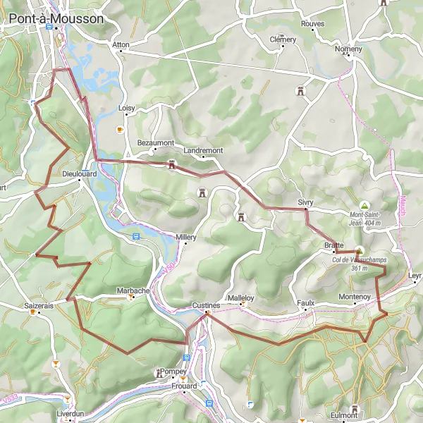 Miniature de la carte de l'inspiration cycliste "Les collines verdoyantes" dans la Lorraine, France. Générée par le planificateur d'itinéraire cycliste Tarmacs.app