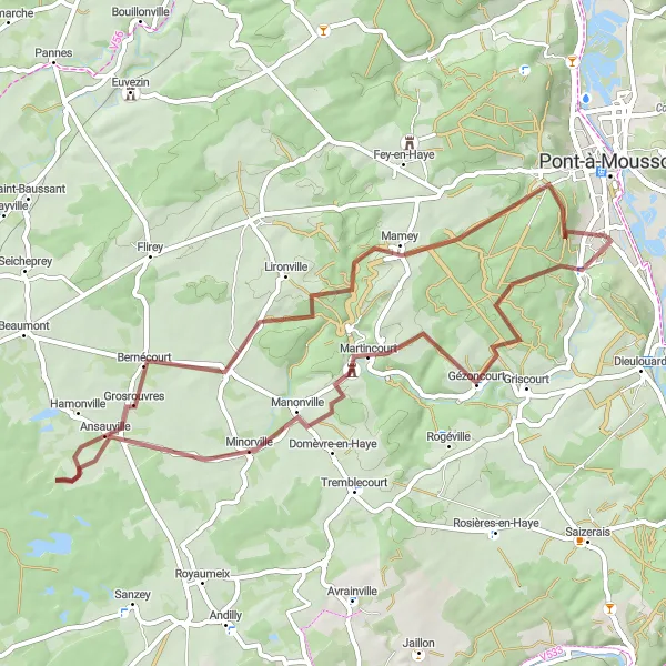 Miniature de la carte de l'inspiration cycliste "Les collines de Lorraine" dans la Lorraine, France. Générée par le planificateur d'itinéraire cycliste Tarmacs.app