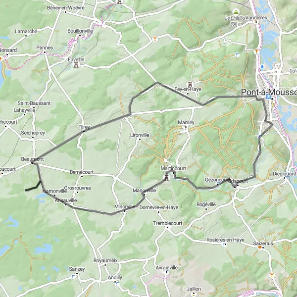Miniature de la carte de l'inspiration cycliste "La boucle de la Meuse" dans la Lorraine, France. Générée par le planificateur d'itinéraire cycliste Tarmacs.app
