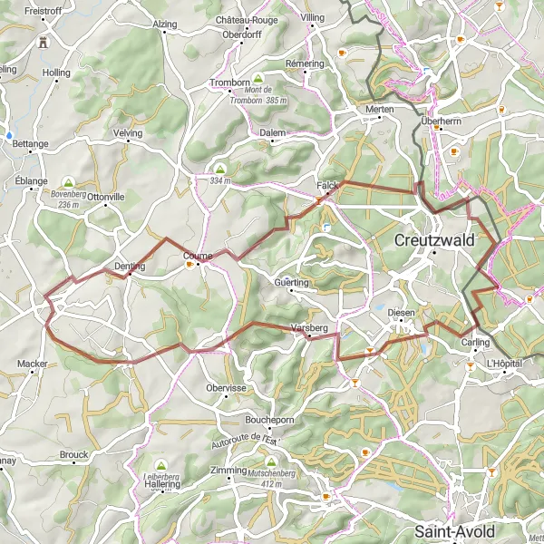 Map miniature of "Gravel Adventure to Varsberg" cycling inspiration in Lorraine, France. Generated by Tarmacs.app cycling route planner