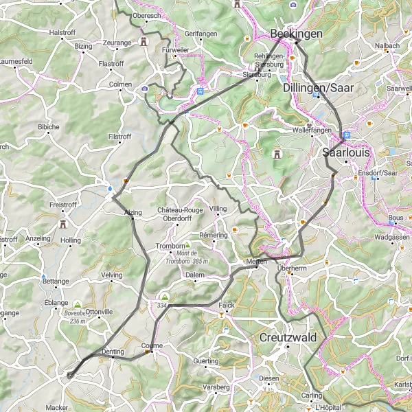 Map miniature of "Moselle Marvel" cycling inspiration in Lorraine, France. Generated by Tarmacs.app cycling route planner