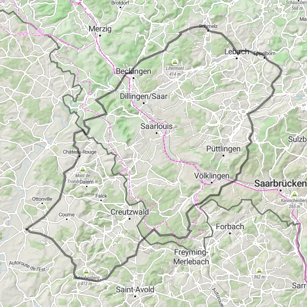 Map miniature of "Moselle Explorer" cycling inspiration in Lorraine, France. Generated by Tarmacs.app cycling route planner