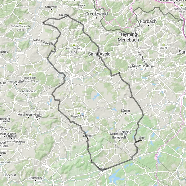 Map miniature of "Ultimate Road Cycling Experience in Lorraine" cycling inspiration in Lorraine, France. Generated by Tarmacs.app cycling route planner