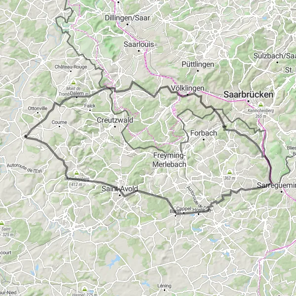 Map miniature of "Moselle Magic" cycling inspiration in Lorraine, France. Generated by Tarmacs.app cycling route planner