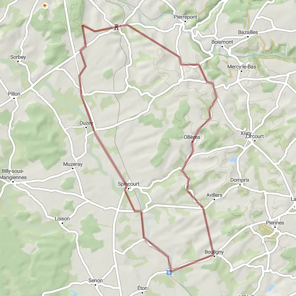 Map miniature of "Bouligny Gravel Loop" cycling inspiration in Lorraine, France. Generated by Tarmacs.app cycling route planner