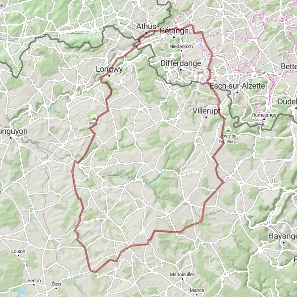 Map miniature of "Challenging Gravel Route from Bouligny to Landres" cycling inspiration in Lorraine, France. Generated by Tarmacs.app cycling route planner