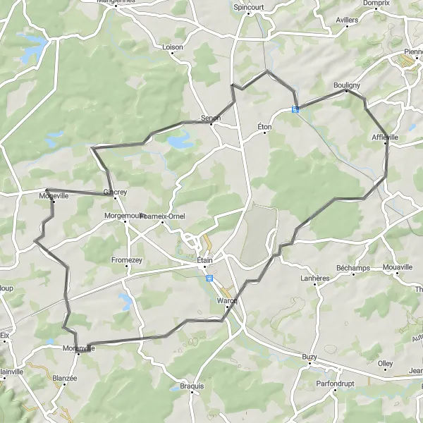 Map miniature of "Bouligny to Dommary-Baroncourt Road Loop" cycling inspiration in Lorraine, France. Generated by Tarmacs.app cycling route planner