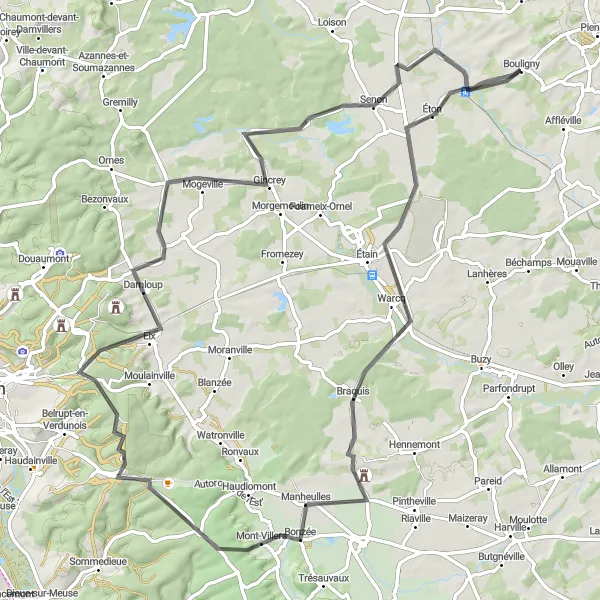 Map miniature of "Bouligny to Gouraincourt Road Loop" cycling inspiration in Lorraine, France. Generated by Tarmacs.app cycling route planner