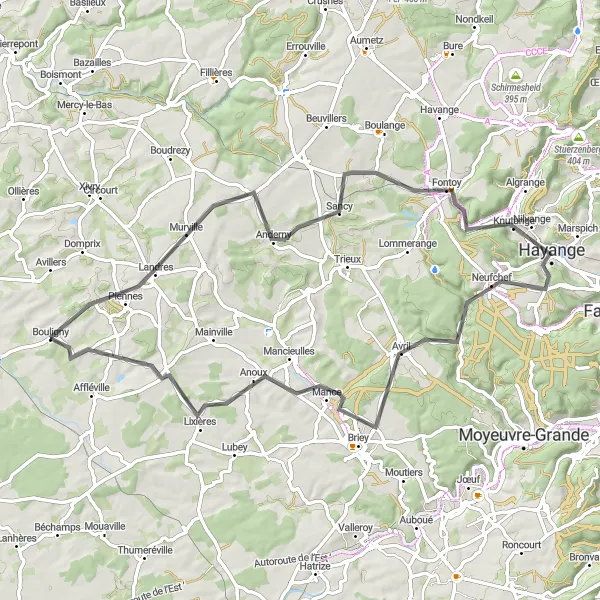 Map miniature of "Bouligny to Amermont Road Loop" cycling inspiration in Lorraine, France. Generated by Tarmacs.app cycling route planner