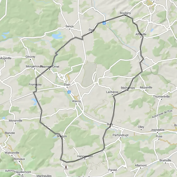 Miniature de la carte de l'inspiration cycliste "Affléville Lanhères Road Loop" dans la Lorraine, France. Générée par le planificateur d'itinéraire cycliste Tarmacs.app